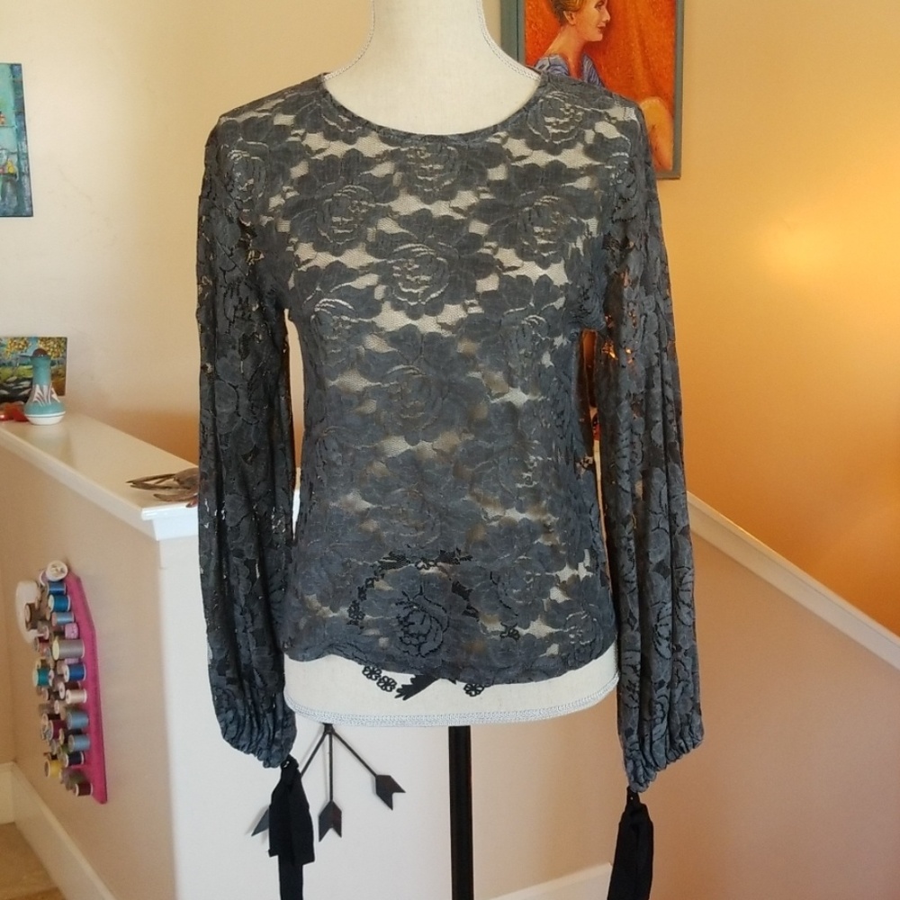 Zara Grey Lace LS Fall Sexy Ribbon Ties Blouse S